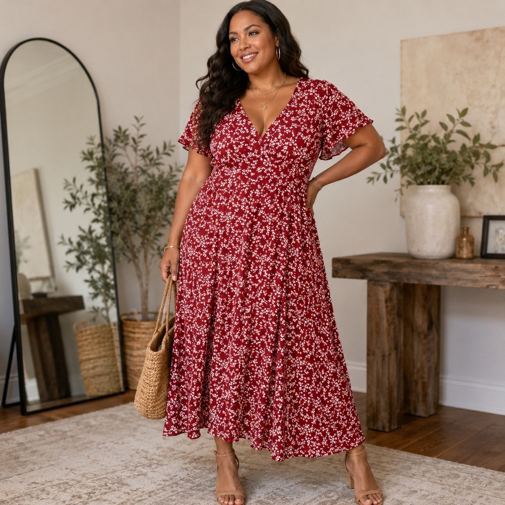 Women Maxi Dress Floral V-Neck Flutter Sleeve Wrap with Front Slit